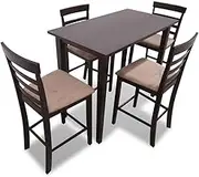 Brown Wooden Bar Table and 4 Bar Chairs Set