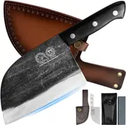 Handmade Full Tang Butcher Knife - High Carbon Steel Chef Cleaver with Leather Sheath