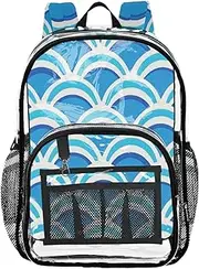 [Yoogain] Customizable Japanese Retro Blue Wave Clear Backpacks For Kids Clear Bookbags For Girls Seethrough PVC, Japanese Retro Blue Wave, 1 size