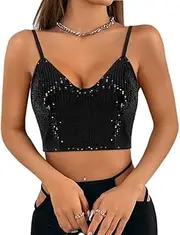 [Generic] Women's Sparkly Sequin Crop Top Sleeveless V Neck Tank Clubwear，Zipper on The Back