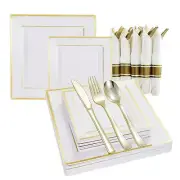 Square Plastic Plates&Silverware w/Per Rolled Napkin Set,Parties Plastic Dinn...