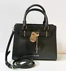 MICHAEL KORS HAMILTON SMALL EXOTIC EMBOSSED SATCHEL SHOULDER CROSSBODY BAG BLACK