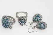 925 Sterling Silver Blue Topaz Earring / Ring / Pendant( 40.07 cts)