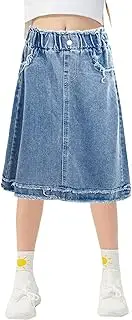 [Happy Cherry] Girls Casual Denim Skirt Midi A Line Knee Length Jean Skirt with Pockets High Elastic Waist Washed Skirt