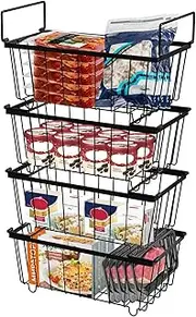 Kweetle 4Pack Freezer Organizer Bins, Stackable Deep Freezer Organizer Bins for Upright Freezer, Wire Storage Baskets with Handles for Easy Access to Bottom Food, Black