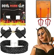 [Fscwlmon] 5x Devil Horns Accessories Set Glasses Glitter Pitchfork Earrings Sequin Choker Necklace for Women Halloween Cosplay