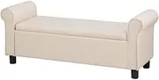 [Artiss] Upholstered Storage Ottoman, Foot Rest Stool Bench Padded Seat Blanket Box Chest Bedroom Living Room Indoor, 124.5 x 42 x 49cm with Armrest Taupe Faux Linen Fabric Open Lid Heavy Duty
