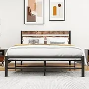 VERFARM Double Metal Platform Bed Frame with Rustic Vintage Wooden Headboard, Mattress Foundation, No Box Spring Needed/Noise-Free/Easy Assembly, Black-Brown