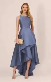 Adrianna Papell High-Low Mikado Gown Blue Frost Size 4 Style AP1E204122