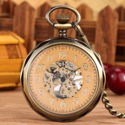 Bronze Style Arabic Number Unisex Auto/Manual Mechanical Pocket Watch FOB Chain