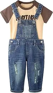 [Chumhey] Baby & Little Boys Overalls Sets, Graphic Car Puppy Print Patchwork Cotton Summer T-shirt Denim Bib Overalls