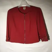 Anne Klein Titan Red Studded Beaded Cuff Zip Blazer Size L