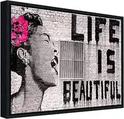 [Wieco Art] Framed Art Giclee Canvas Prints of Banksy Life is Beautiful Abstract Artwork for Wall Decor Black Frame BANKSY-2-3040BF