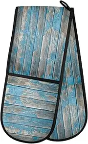 Long Double Oven Mitts, Teal Turquoise Blue Wood Heat Resistant Quilted Kitchen Oven Gloves with Loop Washable for Microwave Cooking Baking Grilling Barbecue, 7" x 35"