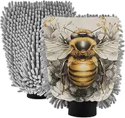 XYMZR Bee Flower Gold Absorbent Microfiber Car Wash Mitt, Funny Cute Anime Scratch Free for Cars Cleaning, Home Cleaning Mitts, 2 Pack, 10.24” L x 7.09” W