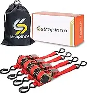 Strapinno Retractable Ratchet Straps 1 in x 10 ft, Secure Tie-Downs with Rubber-Coated Steel Handles, for Motorcycle, Jetski, Kayak, Breaking Strength 1,500LBS/680KG (Red Strap, Yellow Zinc Coated)