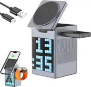 FOHOA 3-in-1 Multifunctional Wireless Charger with Bluetooth Speaker Alarm Clock Pixel Display for Smart Devices