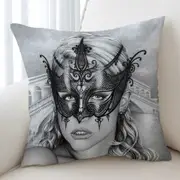 Artistic Pencil Drawing Venice Masked Woman Cushion Cover