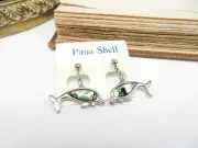 Retro 80s New Old Stock Silver Green Pink Abalone Dolphin Dangle Earrings L66