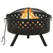 Steel Fire Pit Round Firepit Bowl With Poker And Mesh Cover Patio Fireplace 68cm