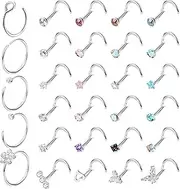 [Kakonia] 29 Pcs 20G Nose Ring Nose Stud Surgical Steel Nose Piercings Set CZ Shiny Septum Piercing Butterfly Nose Studs Nose Rings Silver Nose Piercings Jewellery for Women Men