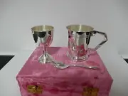 EPNS SILVER BABY CHRISTENING BAPTISM EGG CUP SPOON SET 3 PIECES– NEW