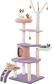 158cm Cute Purple Cat Tree, Multi-Level Cat Tower w/Sisal Scratching Posts, 3 Pompom Sticks & Dangling Toys, Top Perch, Condo House & Hammock, 2-Step Ladder, Indoor Cat Furniture Activity Center