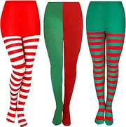 [QincLing] 3pcs Striped Tights Witch Tights Red Green Striped Sexy Striped Tights One Size for Women Girls Fancy Dress Christmas Halloween Clown Carnival Theme Party Costume Accessory