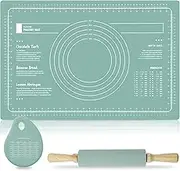 Silicone Baking Mat Set, Heat Resistant Silicone Pastry Pad, with Rolling Pin and Dough Scraper, Nonstick Rectangular Cookie Mat, for Pizza Dough Cookies (Green)