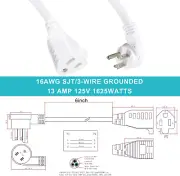 2 Pack Flat Wall Plug 6in Extension Cord - 16AWG 1625W 3 Prong Indoor Use