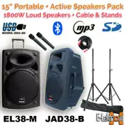 E-Lektron 2X15" inch 1800W Portable+Active Speakers System PA Microphones+Stands