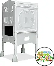 Ekkio Folding Kitchen Kids Step Stool with Chalkboard, Non-Slip Pad, Foldable Design, Saturn, Moon, Square and Star Shape, Safe and Convenient, Includes Play Food Toy Set, White