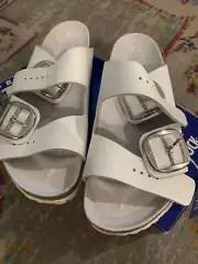 Birkenstock Women Arizona Big Buckle White Leather Sandals Slides Size 39 US 8 N
