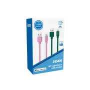 Laser MFi Certified 2M Lightning Cable Twin Pack Pink and Green, Fast Charging