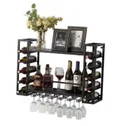 Wall Mounted Wine Rack with Glass Holder, Metal Bottle Holder Wine Black