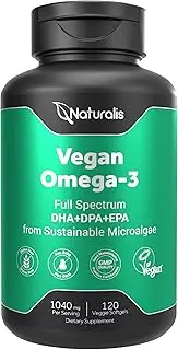 Naturalis Vegan Omega 3 DHA, EPA & DPA from Microalgae | Vegan Society Certified, Sustainably Sourced, True Full Spectrum | 120 Veggie Softgels (Carrageenan Free)