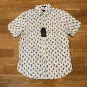 Ben Sherman Ivory Peacock Feather Short Sleeve Button Down Stretch Medium NWT