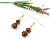 [Nvzi] c personalized natural stone earrings, handcrafted natural crystal stone round beads, gold copper wire wrapped earrings, beaded long style temperament earrings (brown), 4cm/1.6in, 01, No Gemstone