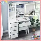 Dressing Table Stool Set Makeup Storage Desk with LED Sliding Mirror & 6 Drawers