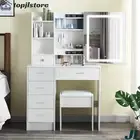 Dressing Table LED 10 Bulbs Sliding Makeup Mirror Stool Set Vanity Desk Storage
