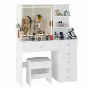 Advwin Dressing Table Stool Set Charging Station Lights Glass Tabletop Vanity Desk White
