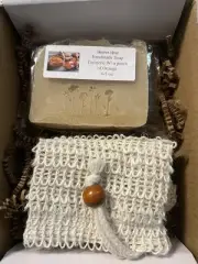 HANDMADE TURMERIC SOAP W SHEABUTTER ,OLIVE OIL &NATURAL SISAL SOAP SAVER BAG