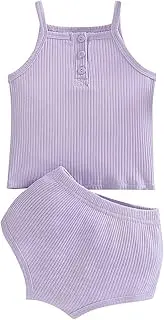 [Generic] Checke Clothes Teen Girls Strap Button Front Crop Tank Top Ribbed Knit Slim Fit Basic Solid Color Crop Tops and Shorts Baby Sick Set