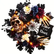NNETM Eerie Illuminations: Skull Wreath with Spider Web and LEDs