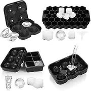 [4PK] Ideer life Ice Cube Molds Easy-Release Silicone and Flexible Trays, Includes Sphere Ice Ball Maker, Large Square Ice Cube, Diamond Ice Maker, and 37-ice Trays, Black