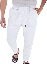 [Aosufei] Men's Cotton Linen Drawstring Casual Pants Solid Yoga Lightweight Trousers Straight Leg Summer Hiking Pants