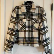 NWT Womens Plaid Top Shacket Flannel XL Heavy Warm Soft Tan Black Long Sleeve