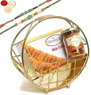 Ghasitaram Gifts Rakhi Gifts for Brothers Half Moon Metal Basket of Mix Dryfruits, Milk Cake and 2 Rakhis