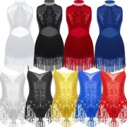 Kids Girls Latin Dance Costume Sequins Leotard Tango Rumba Performance Dancewear