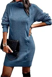 [Aosufei] Women's Slim Elegant Sweater Knitted Dress Turtleneck Casual Solid Dress Ribbed Pullover Fall Party Dresses